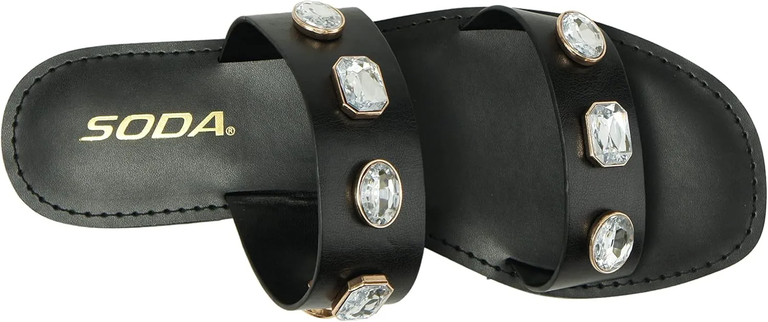 Soda COLETTE ~ Women Flat 2 Bands Stripe Fashion Shine Rhinestone Jewel Gem Slide Sandal
