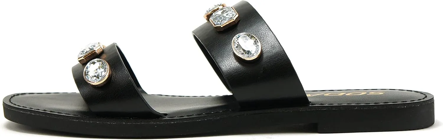 Soda COLETTE ~ Women Flat 2 Bands Stripe Fashion Shine Rhinestone Jewel Gem Slide Sandal