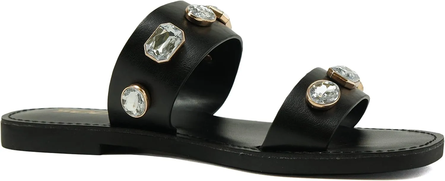 Soda COLETTE ~ Women Flat 2 Bands Stripe Fashion Shine Rhinestone Jewel Gem Slide Sandal