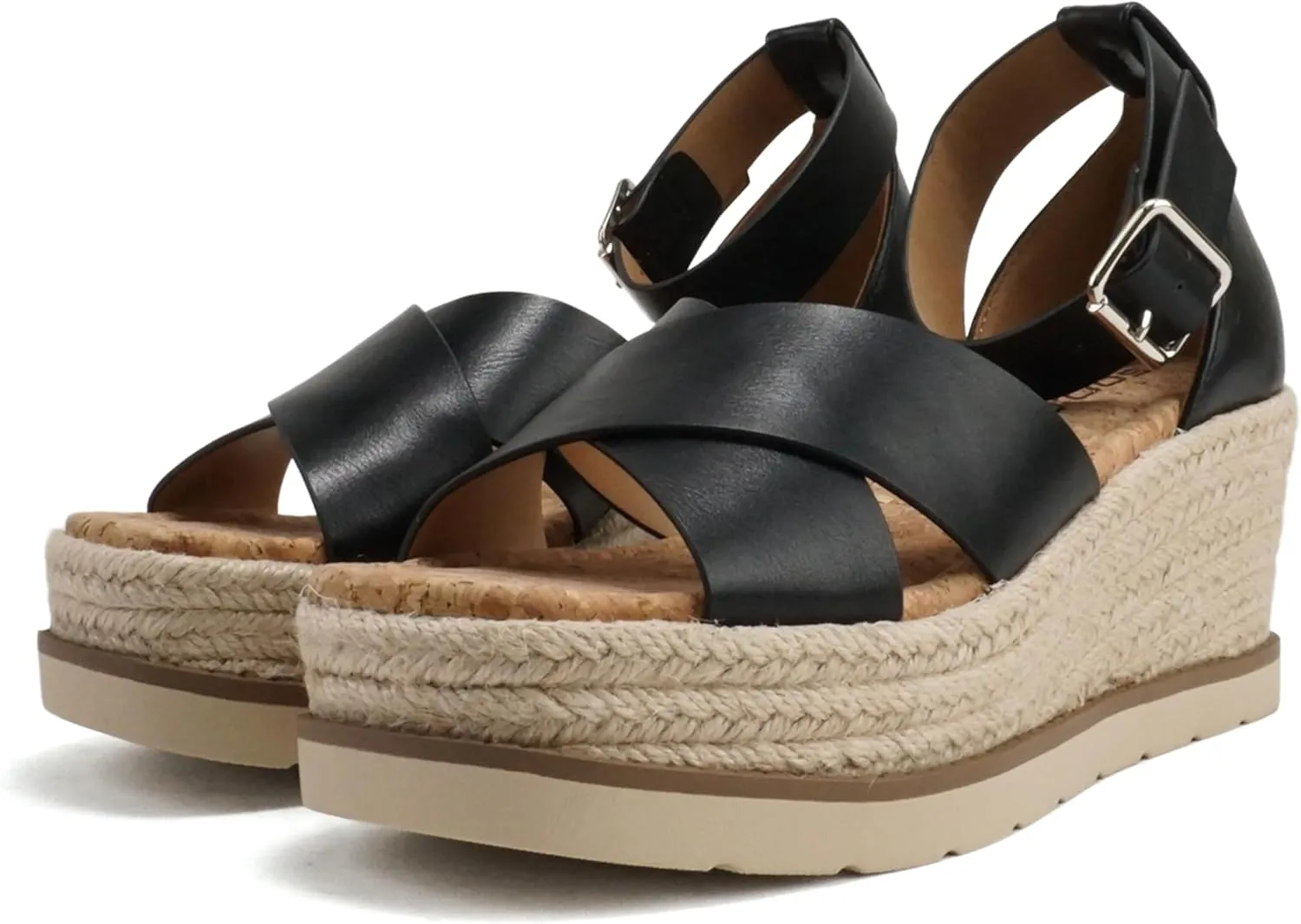 Soda “Fabian” ~ Women Square Toe Closed Back Counter Crisscross Band Platform Espadrille Wedge Sandals with Adjustable Ankle Strap