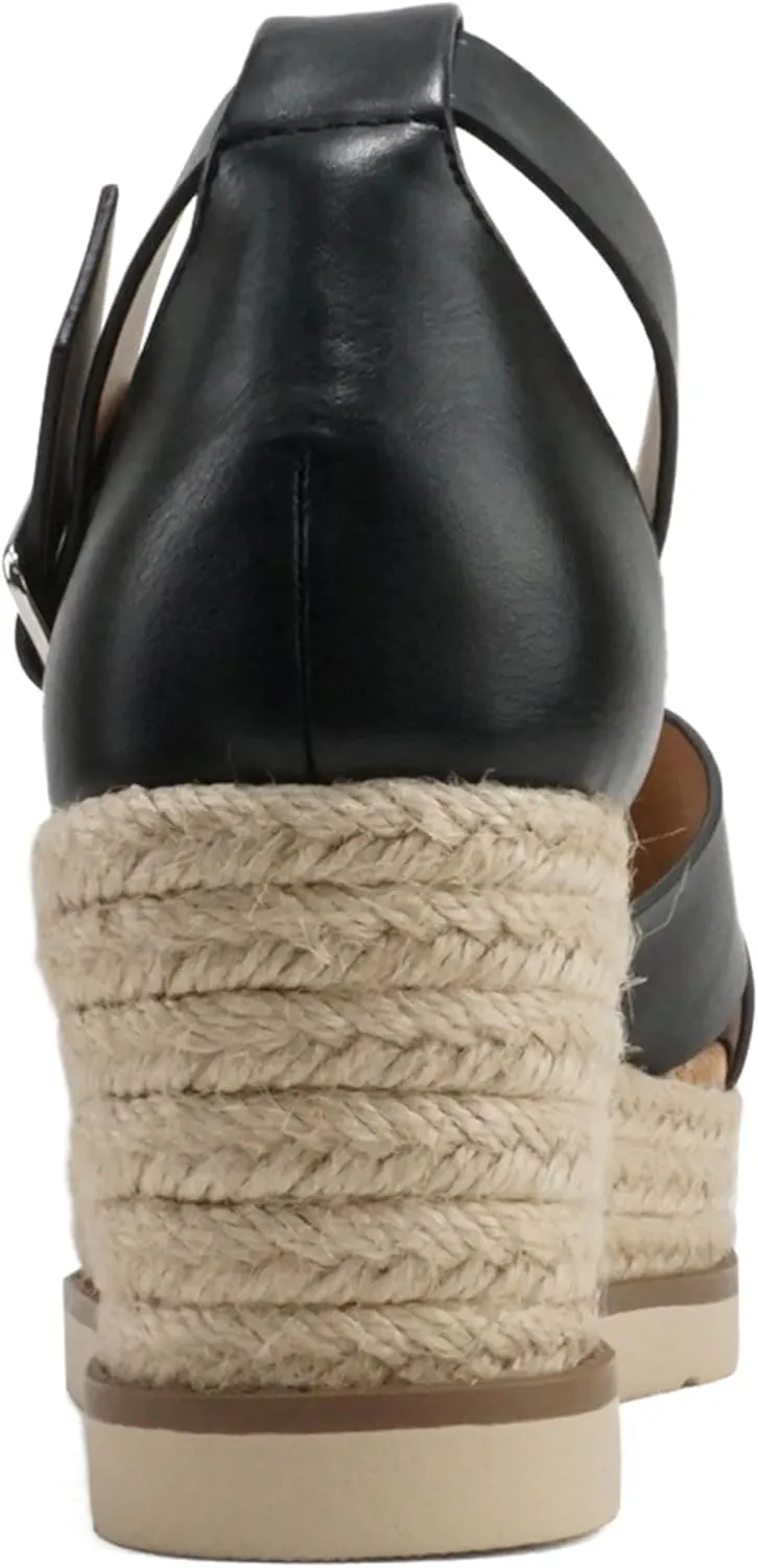 Soda “Fabian” ~ Women Square Toe Closed Back Counter Crisscross Band Platform Espadrille Wedge Sandals with Adjustable Ankle Strap