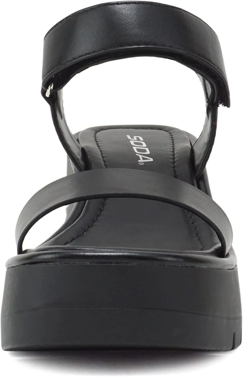 Soda HITTO ~ Women Open Square Toe Single Band Hook & Loop Ankle Strap Lug Sole Wedge Sandal