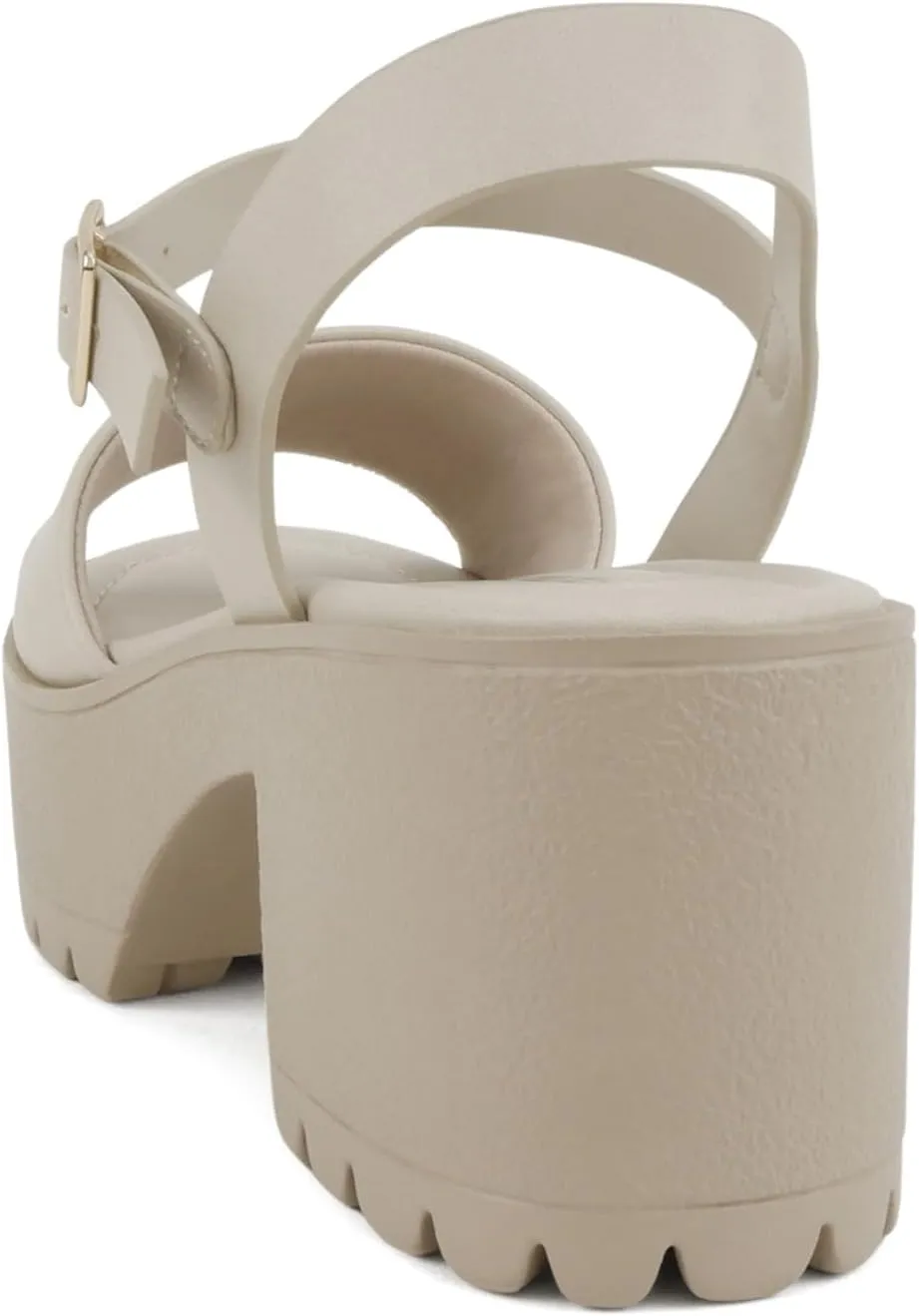 Soda “Stacie” ~ Women Open Toe Lug Sole Mid Block Heeled Sandals with Adjustable Ankle Strap
