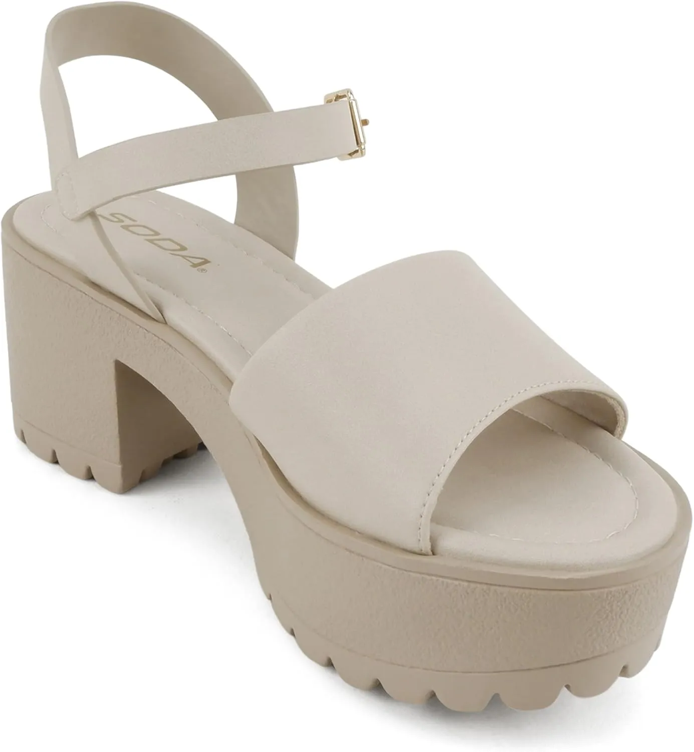 Soda “Stacie” ~ Women Open Toe Lug Sole Mid Block Heeled Sandals with Adjustable Ankle Strap