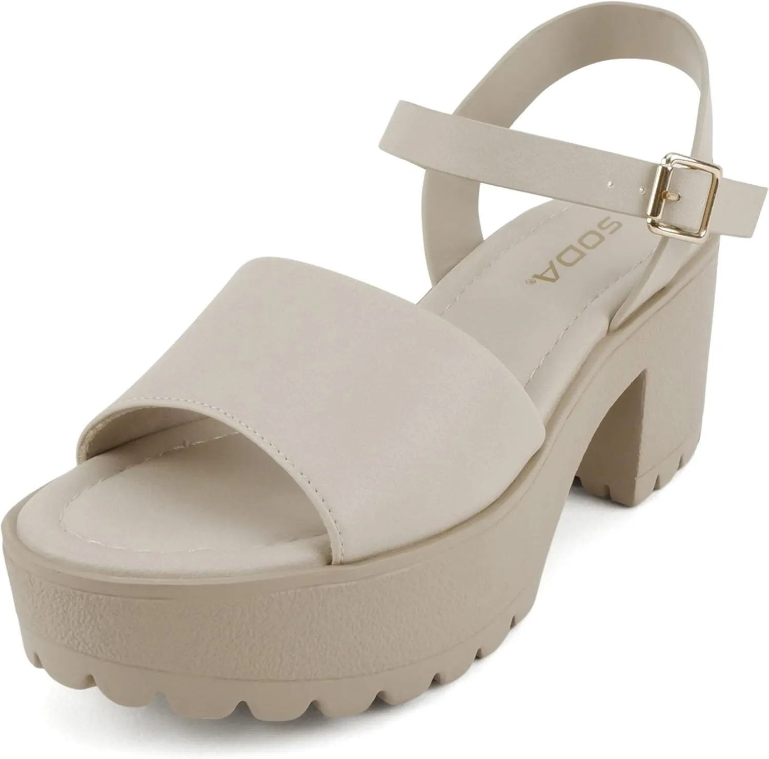 Soda “Stacie” ~ Women Open Toe Lug Sole Mid Block Heeled Sandals with Adjustable Ankle Strap