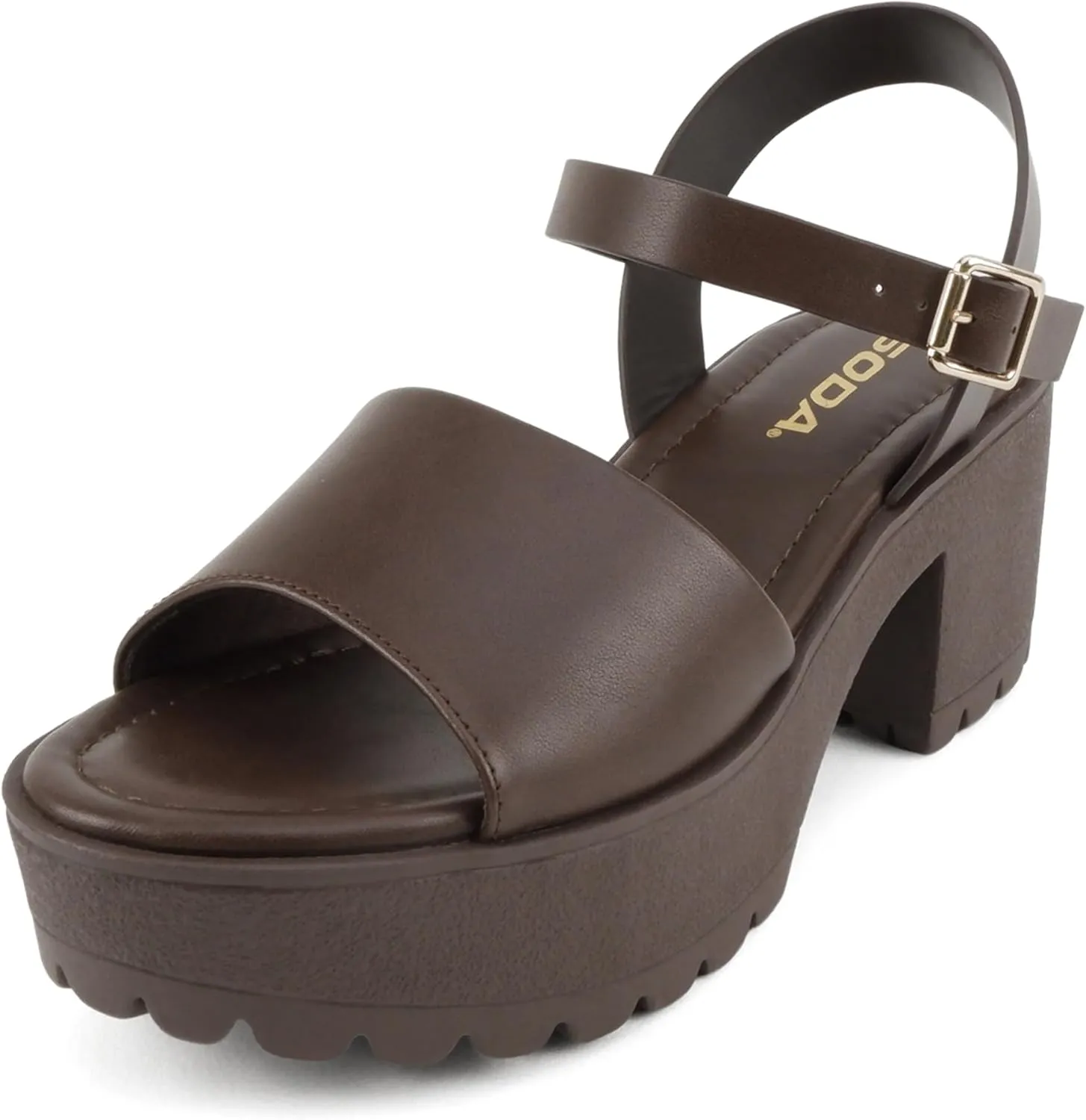 Soda “Stacie” ~ Women Open Toe Lug Sole Mid Block Heeled Sandals with Adjustable Ankle Strap