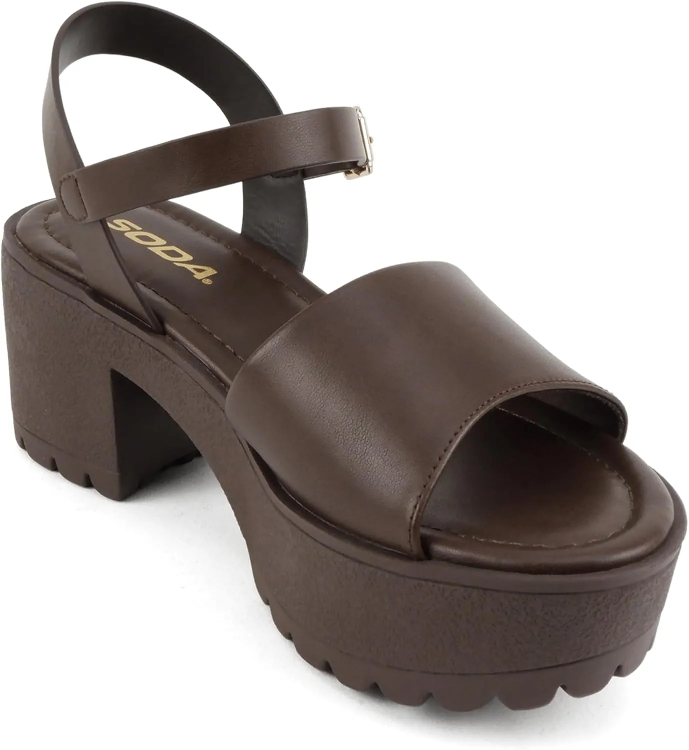 Soda “Stacie” ~ Women Open Toe Lug Sole Mid Block Heeled Sandals with Adjustable Ankle Strap
