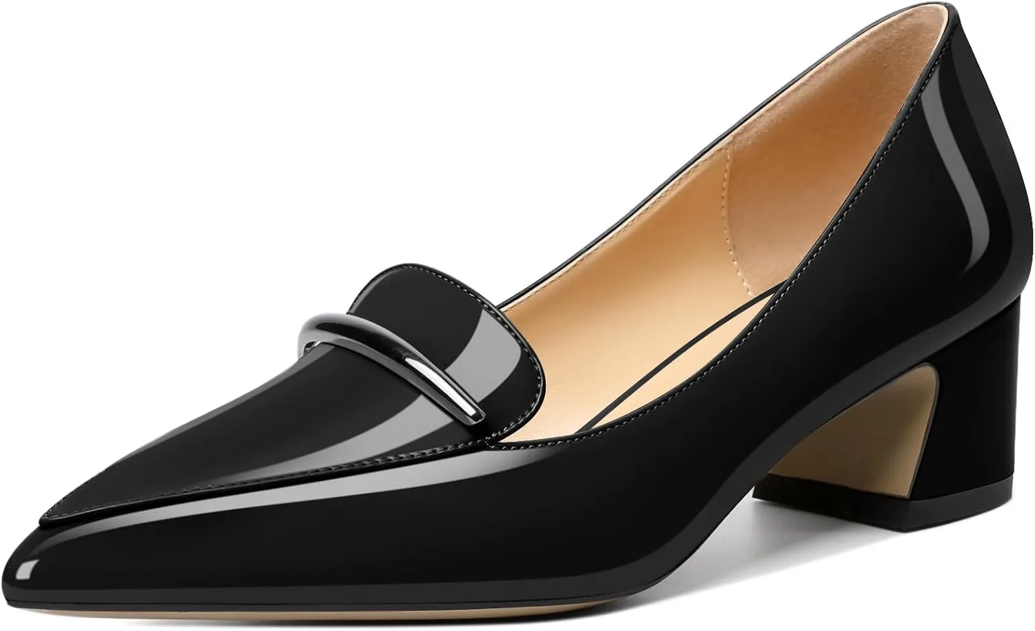 Soireelady Womens Block Heel Low Chunky Heels, Pointed Toe Loafer Heels Slip On Dress Shoes 2 Inches