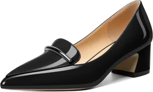Soireelady Womens Block Heel Low Chunky Heels, Pointed Toe Loafer Heels Slip On Dress Shoes 2 Inches