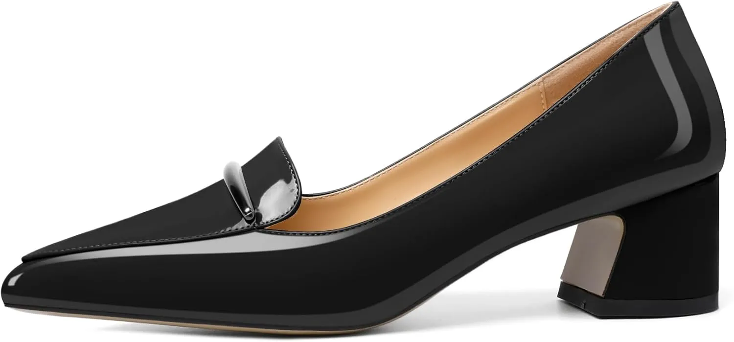 Soireelady Womens Block Heel Low Chunky Heels, Pointed Toe Loafer Heels Slip On Dress Shoes 2 Inches