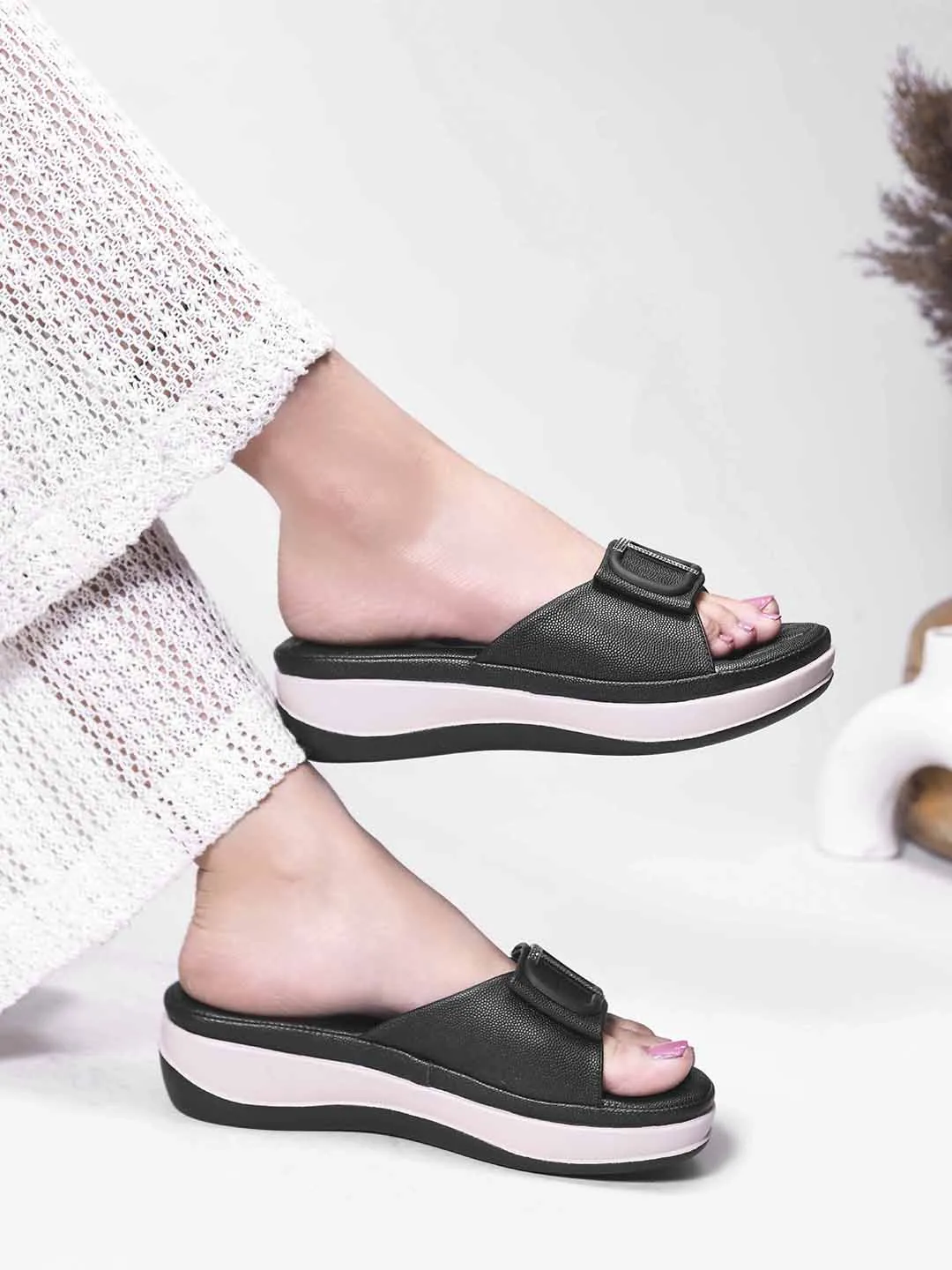 Square Buckle Slip-On Slippers