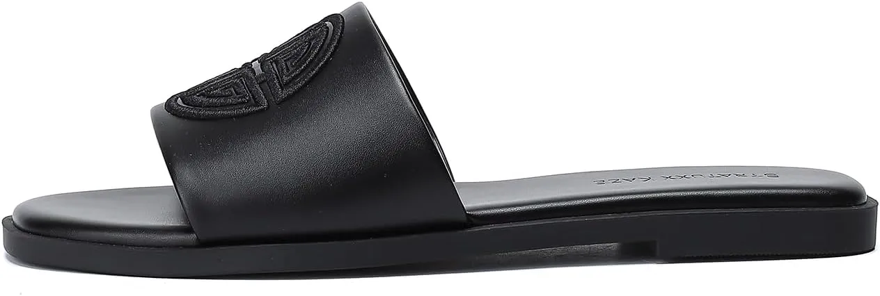 Stratuxx Kaze Womens Flat Sandals Dressy Summer Slide Dress Sandals Comfortable Cute Leather Black Sandals for Women