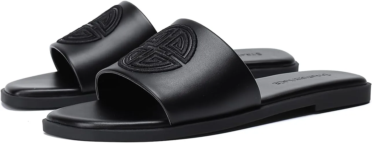 Stratuxx Kaze Womens Flat Sandals Dressy Summer Slide Dress Sandals Comfortable Cute Leather Black Sandals for Women