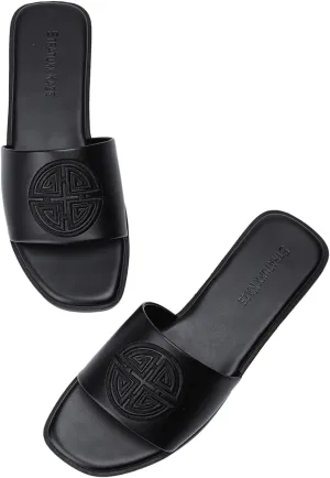 Stratuxx Kaze Womens Flat Sandals Dressy Summer Slide Dress Sandals Comfortable Cute Leather Black Sandals for Women
