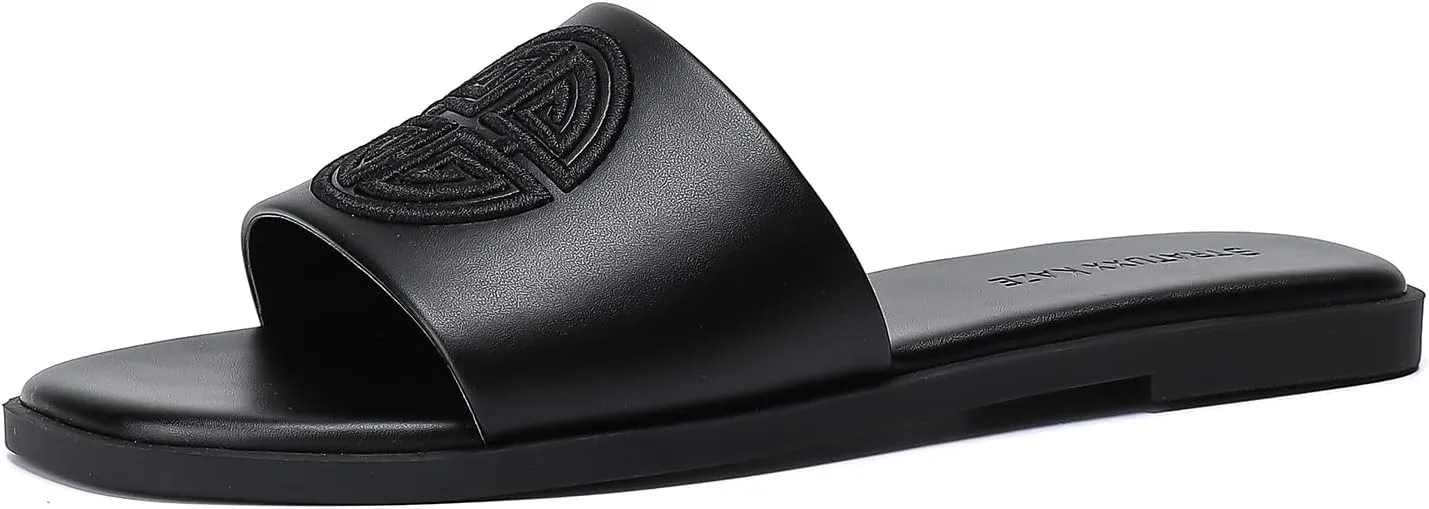 Stratuxx Kaze Womens Flat Sandals Dressy Summer Slide Dress Sandals Comfortable Cute Leather Black Sandals for Women