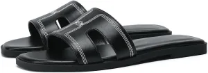 Stratuxx Kaze Womens Flat Sandals Dressy Summer Slide Leather Sandals Comfortable Cute Black Summer Slides for Women