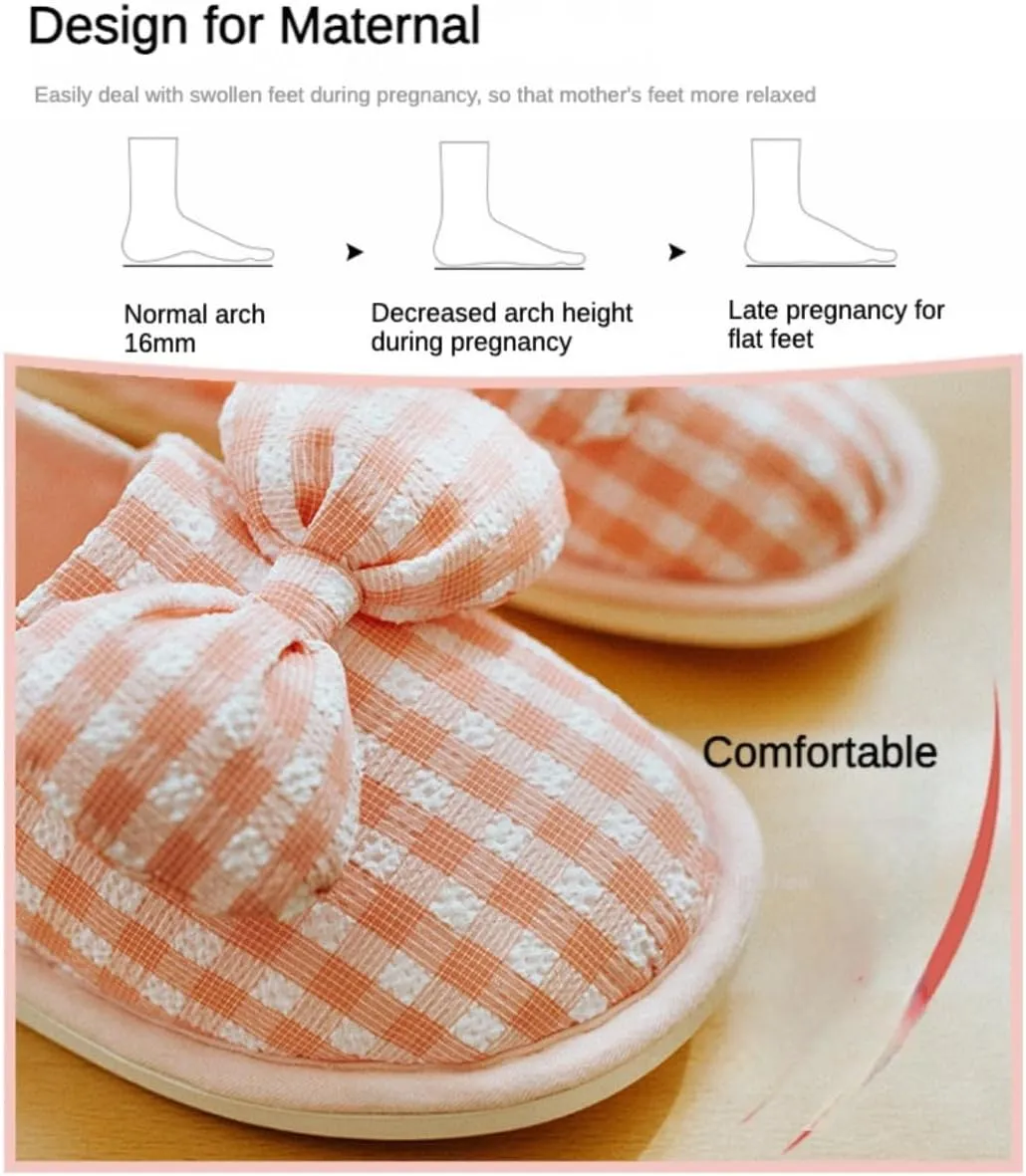 Striped Bow Postpartum Maternity Slippers Thick Sole Non-Slip Enclosed Heel for Pregnant New Moms All-Season Indoor Shoes