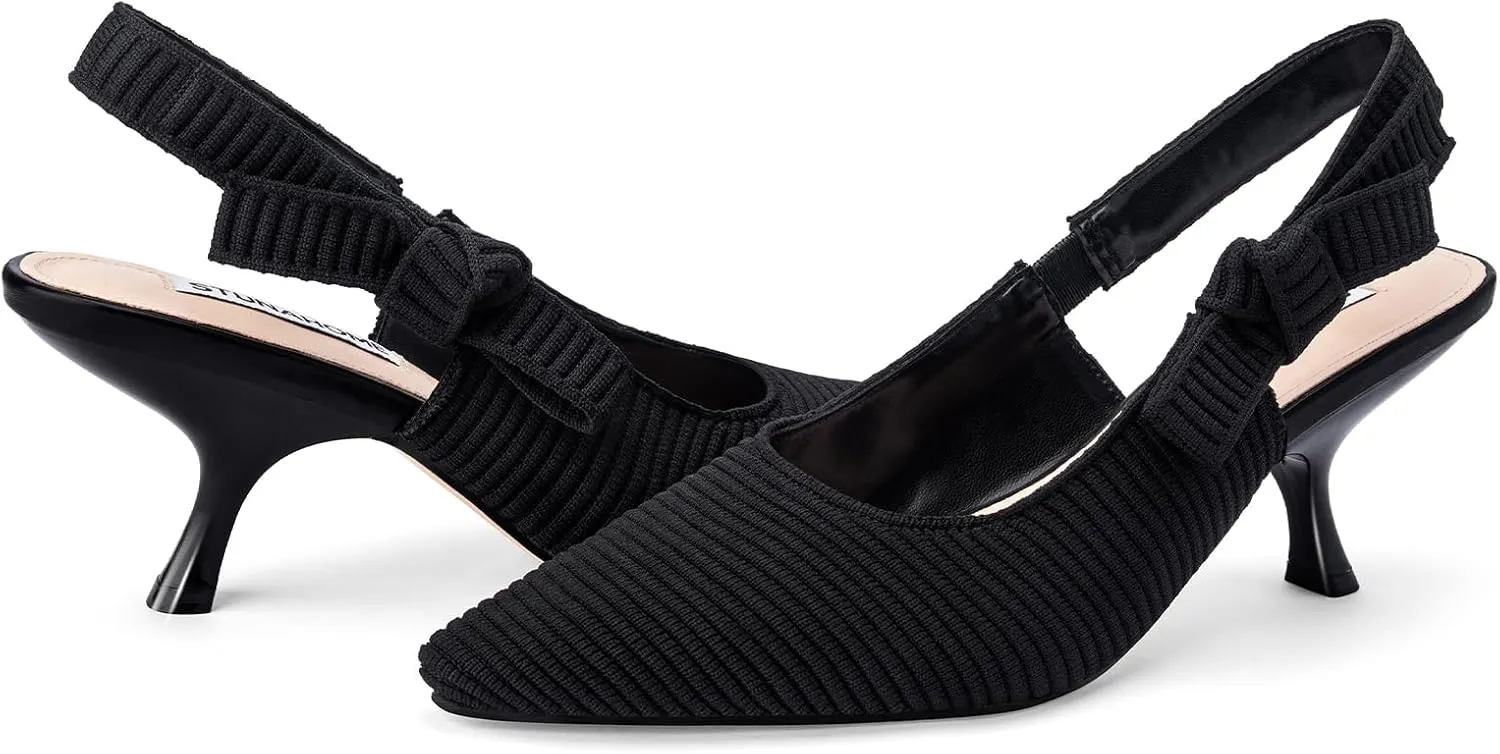 STUNAHOME Womens Slingback Kitten Heels Closed Pointed Toe Bowknot Knitted Slip On Work Pumps Dress Shoes, Gold