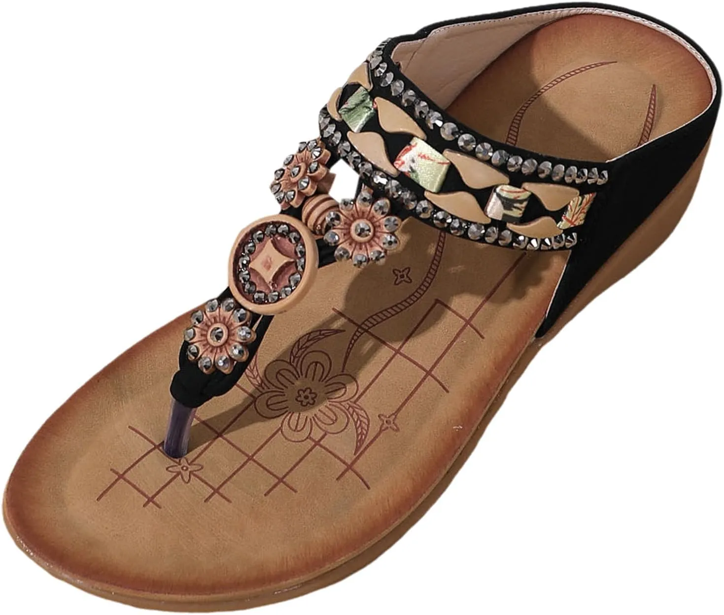 SuanlaTDS Women's Wedge Sandals Platform Flip Flops Comfortable T-Strap Open Toe Thong Slip On Slides wuth Arch Support Casual Summer Beach Bohemian Low Heels Wedges Outdoor Slippers