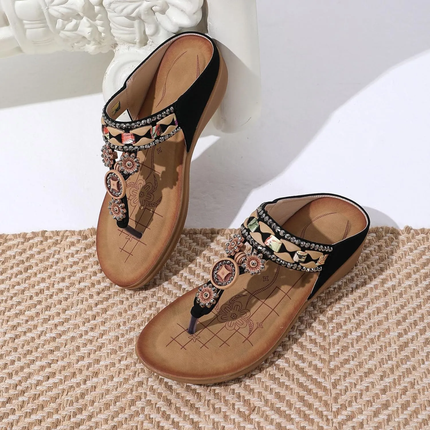 SuanlaTDS Women's Wedge Sandals Platform Flip Flops Comfortable T-Strap Open Toe Thong Slip On Slides wuth Arch Support Casual Summer Beach Bohemian Low Heels Wedges Outdoor Slippers