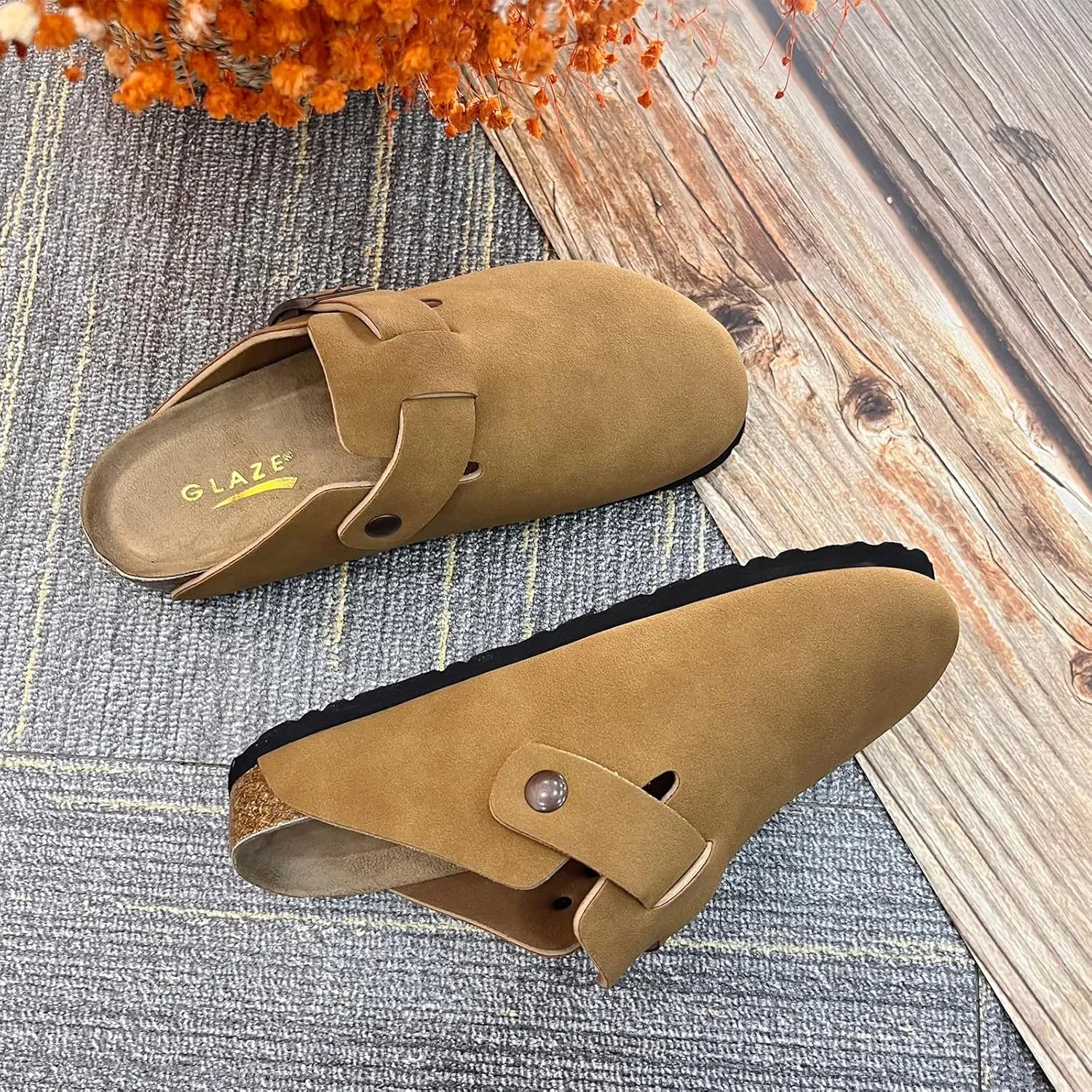 Suede Clogs for Women Slip-On Buckle Leather Mules Cork Footbed Sandals Potato Shoes with Arch Support