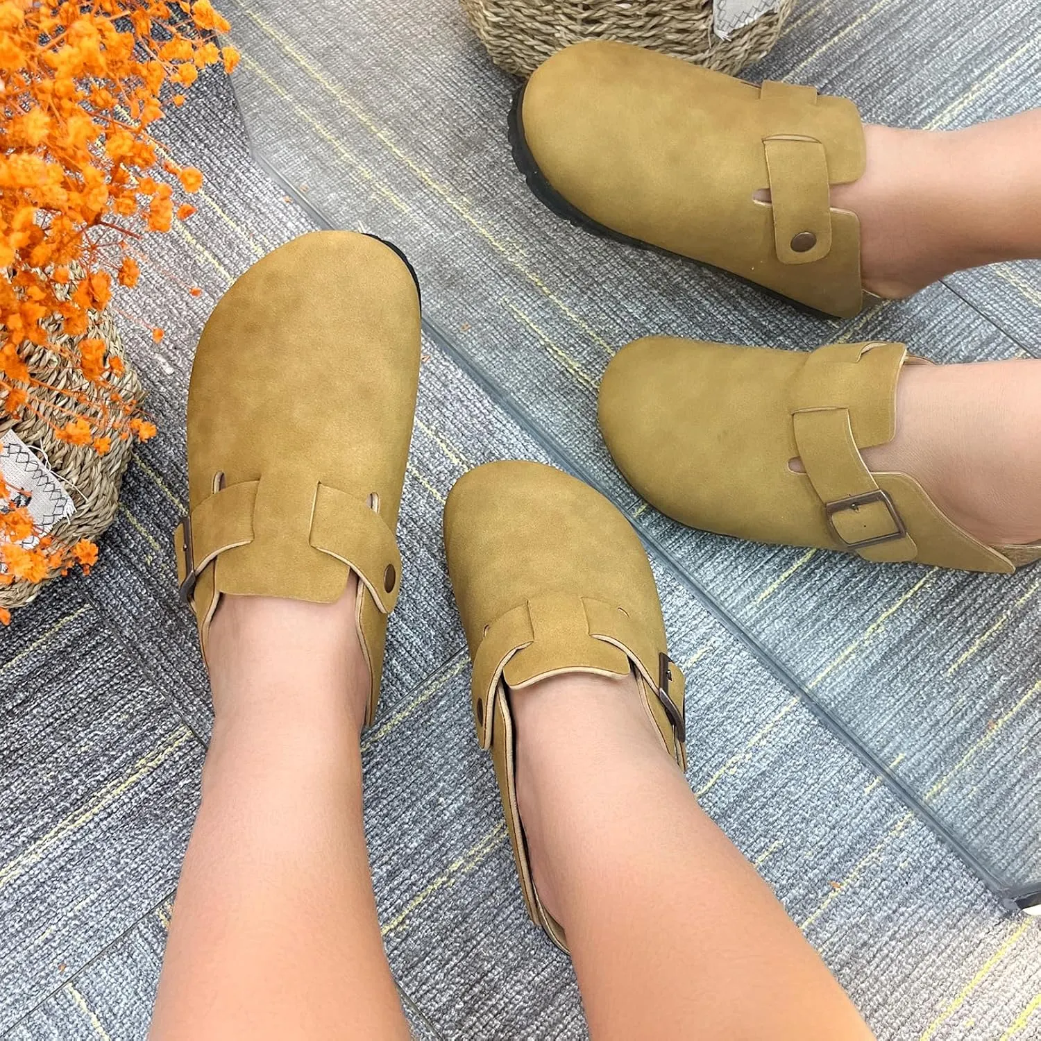 Suede Clogs for Women Slip-On Buckle Leather Mules Cork Footbed Sandals Potato Shoes with Arch Support