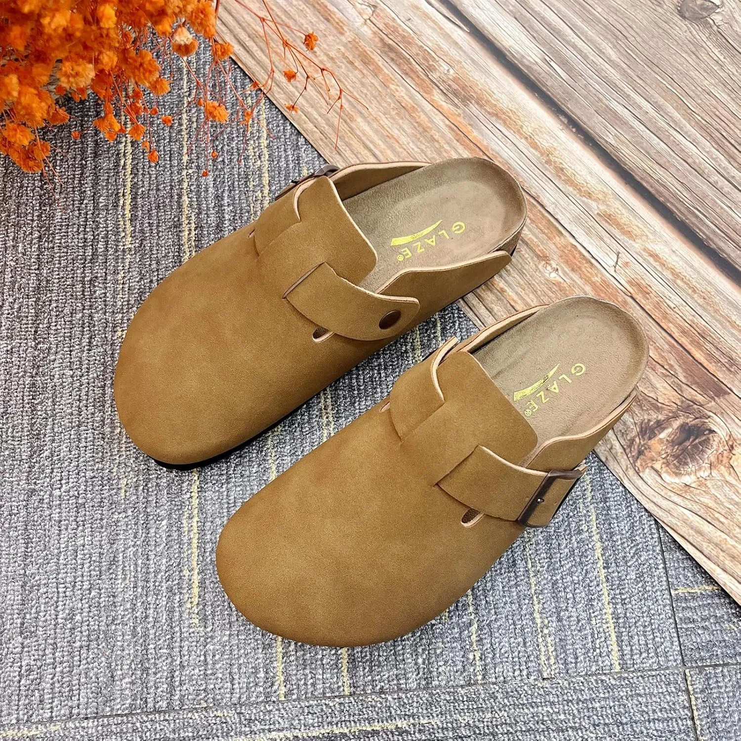 Suede Clogs for Women Slip-On Buckle Leather Mules Cork Footbed Sandals Potato Shoes with Arch Support