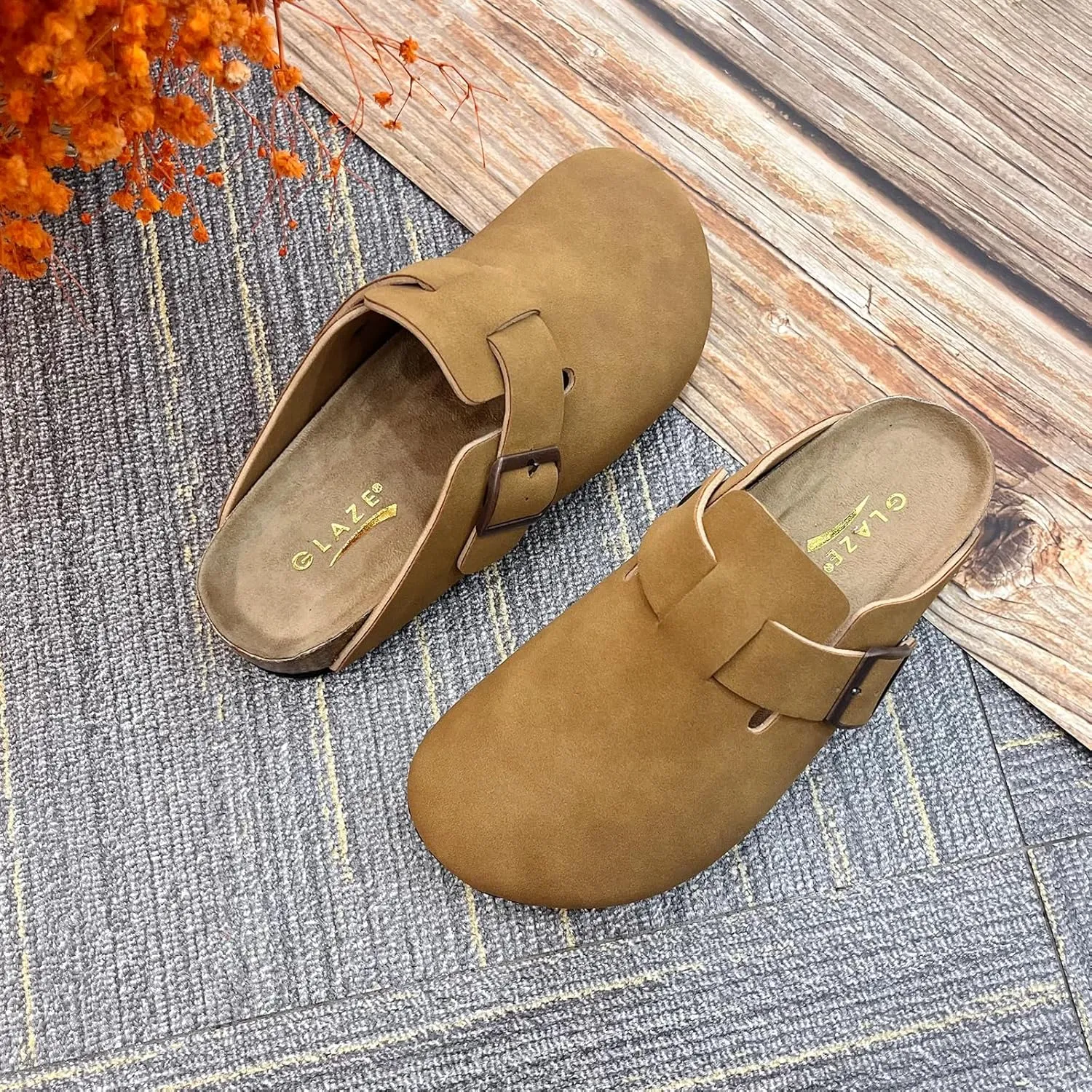 Suede Clogs for Women Slip-On Buckle Leather Mules Cork Footbed Sandals Potato Shoes with Arch Support