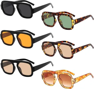 SUNOVELTIES 6 Pack Retro Square Aviator Sunglasses for Women Men 70s Classic Flat Top Frame Sun Glasses Vintage Shades