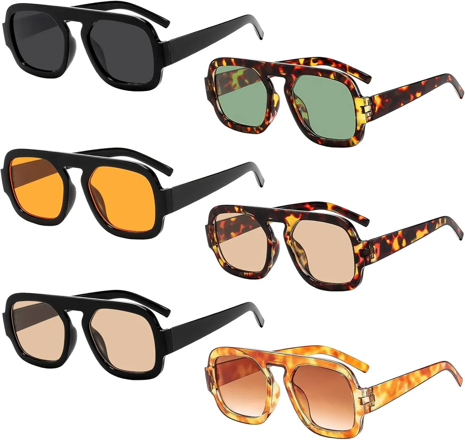 SUNOVELTIES 6 Pack Retro Square Aviator Sunglasses for Women Men 70s Classic Flat Top Frame Sun Glasses Vintage Shades
