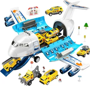 TEMI Kids Airplane Toys for 3 Year Old, Large Spray Transport Airplane Toy with 12 Construction Vehicles and Playmat, Kids Boy Toys Birthday Gifts 3 4 5 6 7 8 Years Old