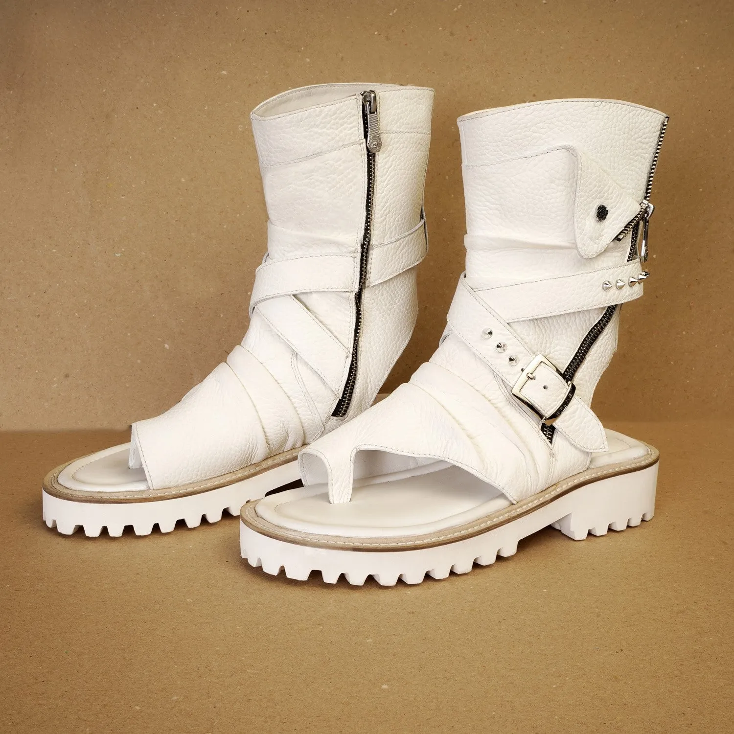 Thick Thread Wrap Strap High Ankle Light Weight Chunky White Leather Men Gladiator Sandal