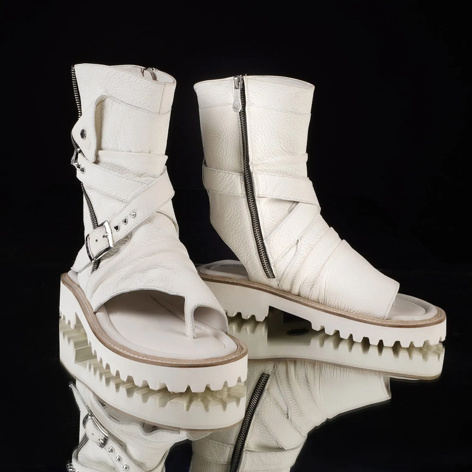 Thick Thread Wrap Strap High Ankle Light Weight Chunky White Leather Men Gladiator Sandal