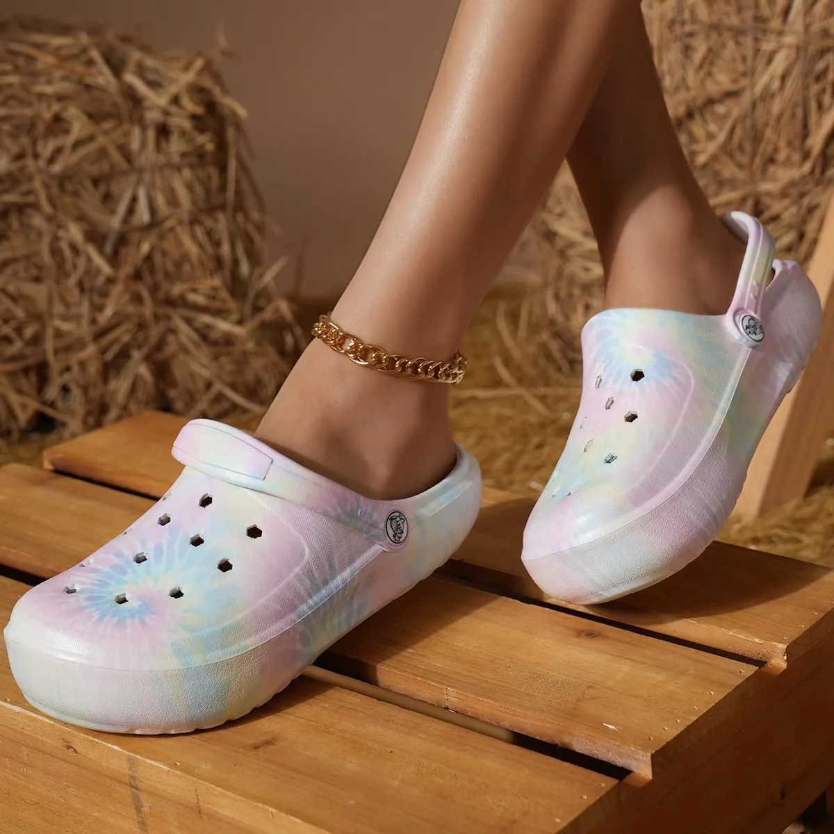 Tie-dye Womens Clogs Lightweight Slip-on Garden Shoes Cheap Slippers/Sandals/Water Shoes