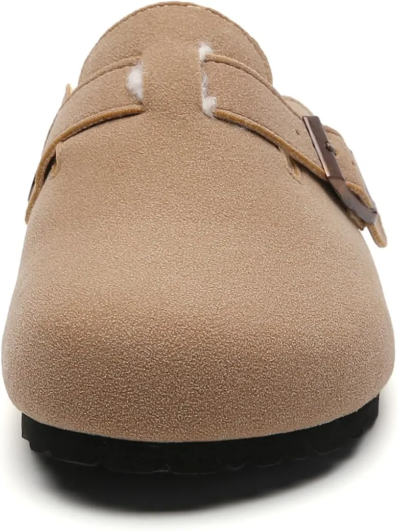 Tilocow Women's Suede Clogs Comfortable Fuzzy Cork Footbed Mules Slip On Winter Clogs