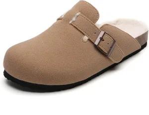 Tilocow Women's Suede Clogs Comfortable Fuzzy Cork Footbed Mules Slip On Winter Clogs
