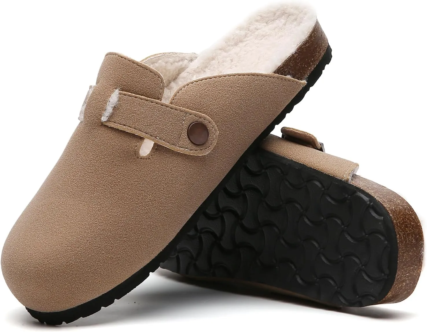 Tilocow Women's Suede Clogs Comfortable Fuzzy Cork Footbed Mules Slip On Winter Clogs