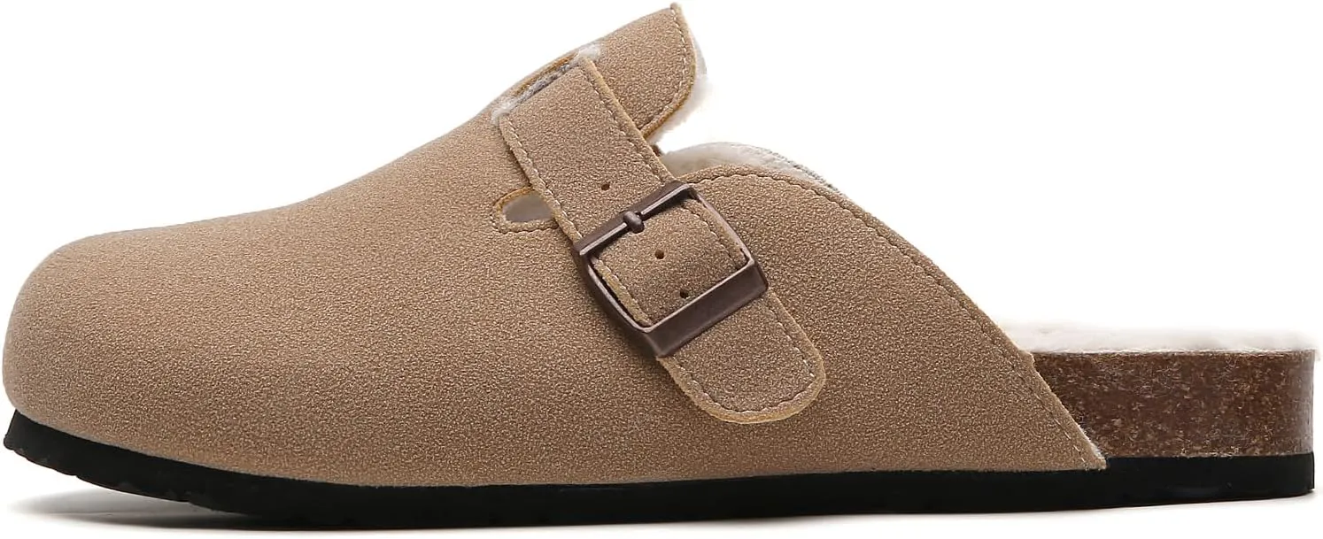 Tilocow Women's Suede Clogs Comfortable Fuzzy Cork Footbed Mules Slip On Winter Clogs