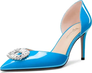 TNYNFBEB Women Mid Heel Close Pointed Toe Pumps Slip-on Rhinestone Crystal Wedding Party Cute Basic Classic 3.2 Inches Heels