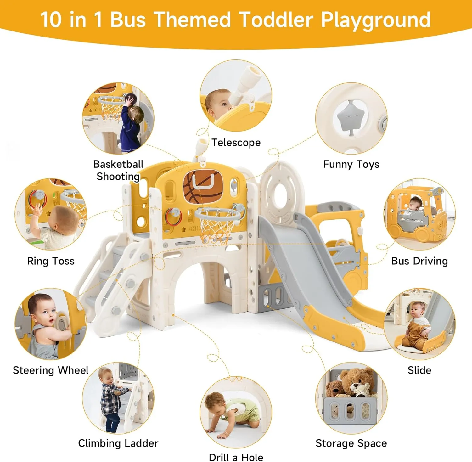 Toddler Slide Indoor Playground for Kids 1-3, 10 in 1 Climber Slide PlaySet for Toddlers 1-3, Baby Slide with Bus Playhouse, Basketball Hoop, Soccer, Toddler Outdoor Playset Backyard, Yellow