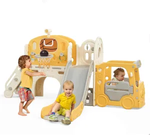 Toddler Slide Indoor Playground for Kids 1-3, 10 in 1 Climber Slide PlaySet for Toddlers 1-3, Baby Slide with Bus Playhouse, Basketball Hoop, Soccer, Toddler Outdoor Playset Backyard, Yellow