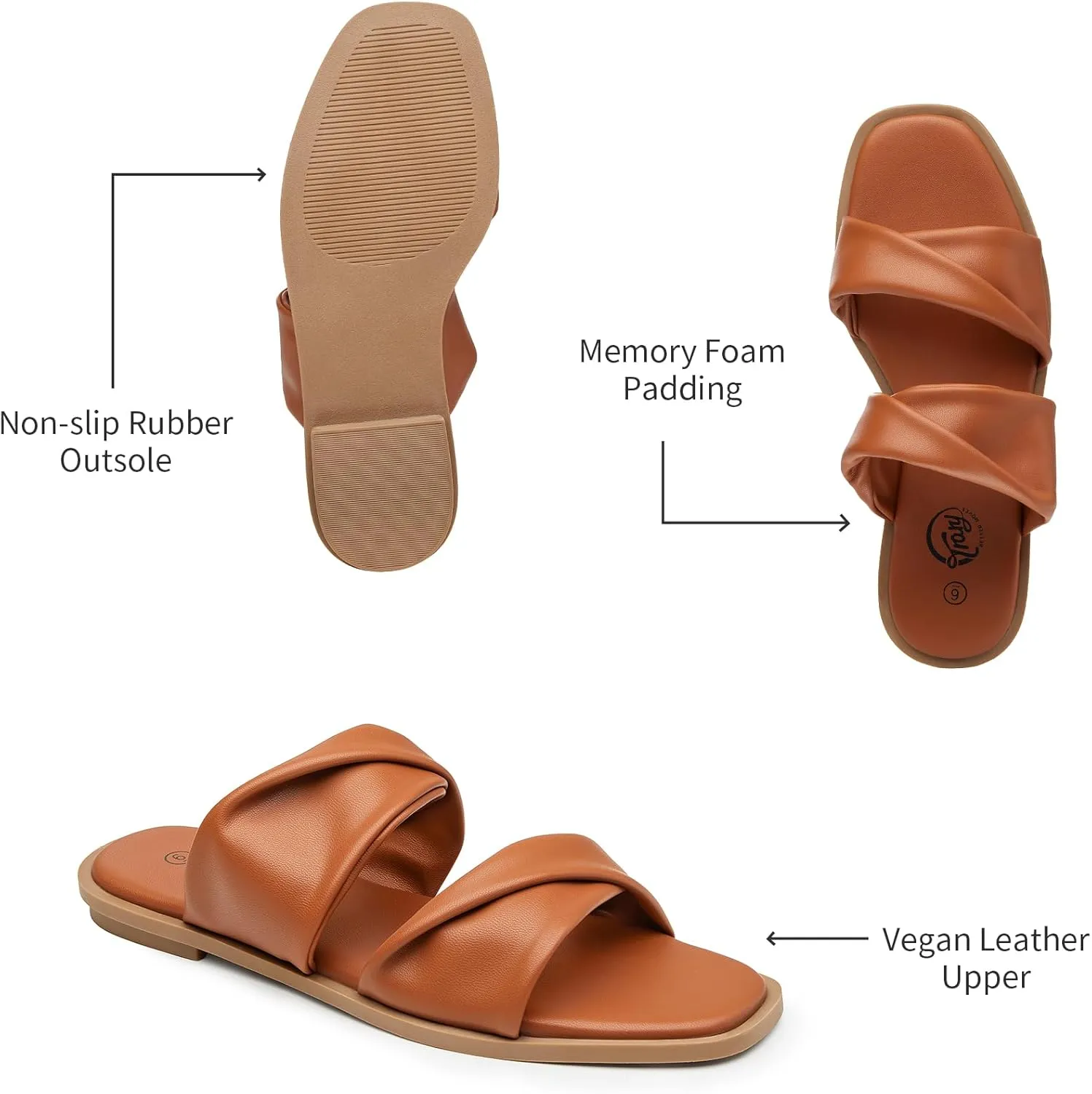 Trary Sandals Women,Leather Slides Women Comfortable Memory Foam Sandals for Women Footwear,Fashion Flat Summer Sandals for Women 2025