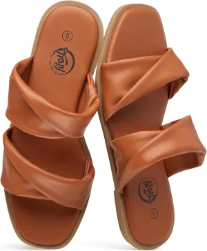 Trary Sandals Women,Leather Slides Women Comfortable Memory Foam Sandals for Women Footwear,Fashion Flat Summer Sandals for Women 2025