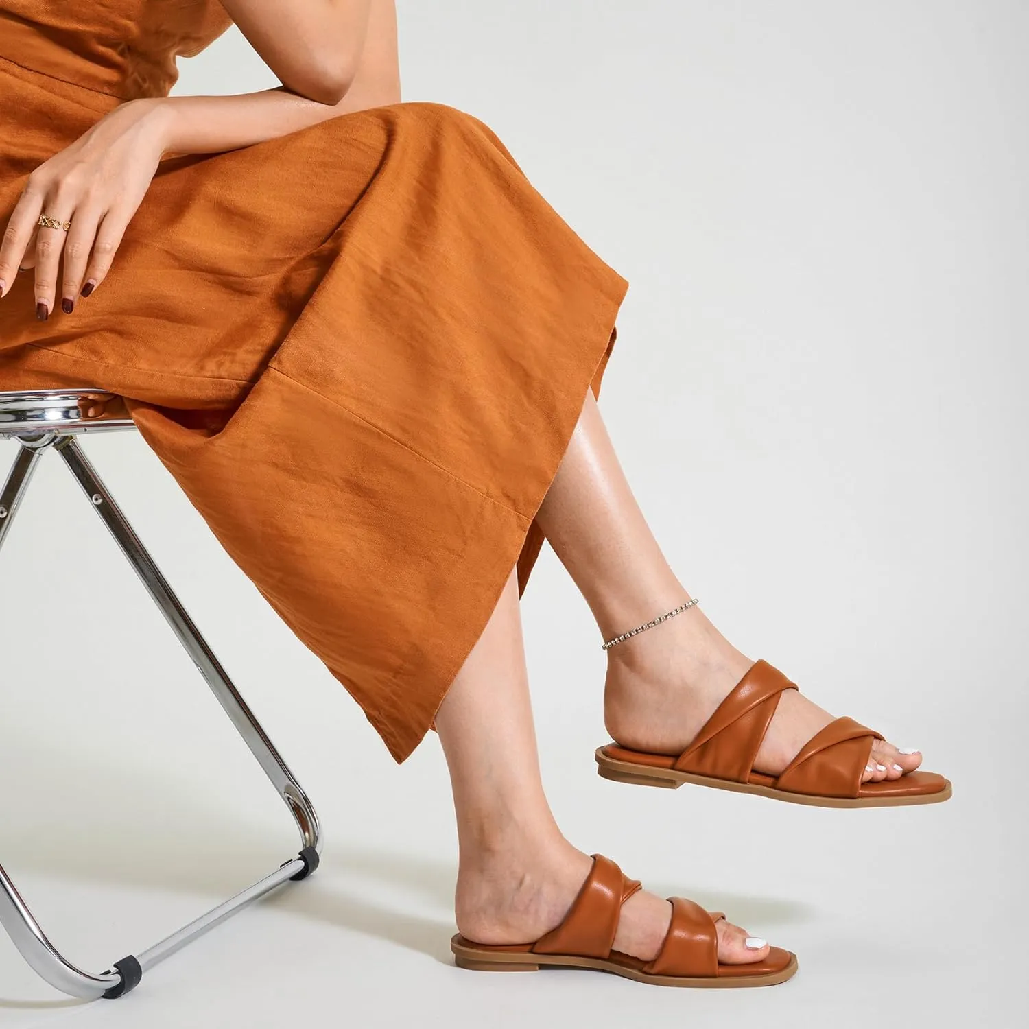 Trary Sandals Women,Leather Slides Women Comfortable Memory Foam Sandals for Women Footwear,Fashion Flat Summer Sandals for Women 2025