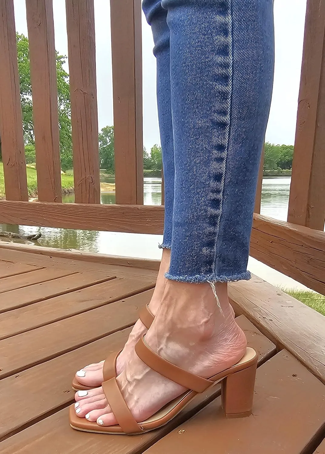 TruFox Womens Chunky Block Heels Square Open Toe heels Comfortable Two Strap Slip On Slides for Prom Wedding party Dress Shoes