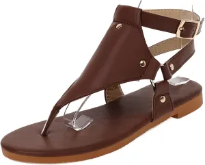 TZNBGGE Dressy Thong Flat Sandals for Women Gladiator Sandals Rivet Open Toe T-Strap Beach Sandals Comfort Ankle Buckle Vintage Flip Flops