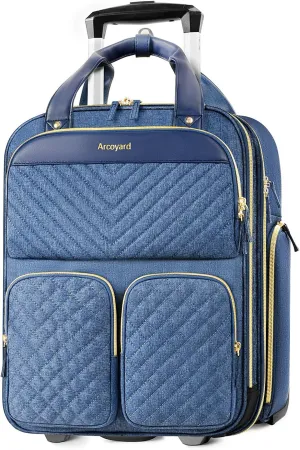 Underseat Carry On Luggage with Wheels, Travel Airline Approved Personal Item Bag, Multiple Compartments Carry-On with Leather Handle, Lightweight Rolling Suitcase for Women, Denim Blue, L