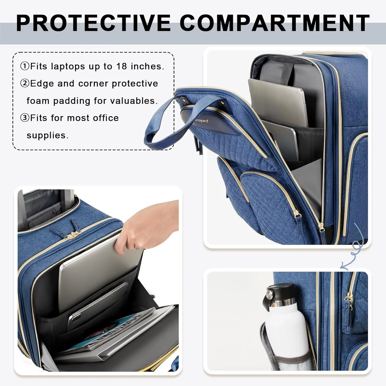 Underseat Carry On Luggage with Wheels, Travel Airline Approved Personal Item Bag, Multiple Compartments Carry-On with Leather Handle, Lightweight Rolling Suitcase for Women, Denim Blue, L