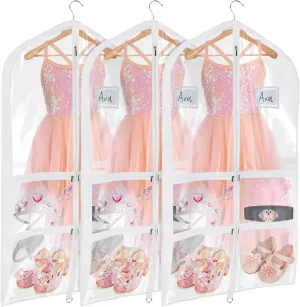 Univivi Clear PVC Dance Costume Bags (3 Pack) Garment Bag 40 Inch for Dance Competitions, with 4 Medium Clear Zipper Pockets and 1 Large Back Zippered Pocket [Upgraded Version]