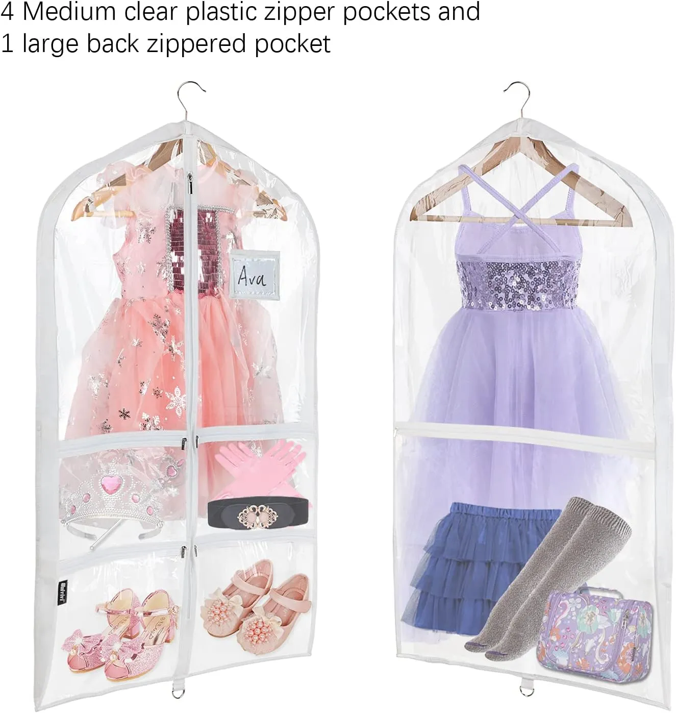 Univivi Clear PVC Dance Costume Bags (3 Pack) Garment Bag 40 Inch for Dance Competitions, with 4 Medium Clear Zipper Pockets and 1 Large Back Zippered Pocket [Upgraded Version]